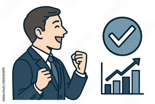 Happy businessman celebrating success with rising bar chart and large checkmark