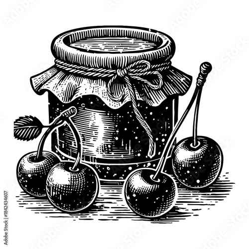 Vintage Cherry Jam Jar With Cherries And Ribbon Illustration Style