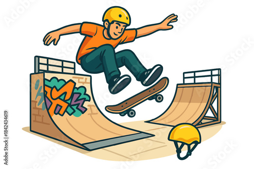 Young man skateboarding mid-air performing a trick over a graffiti covered ramp at the skate park