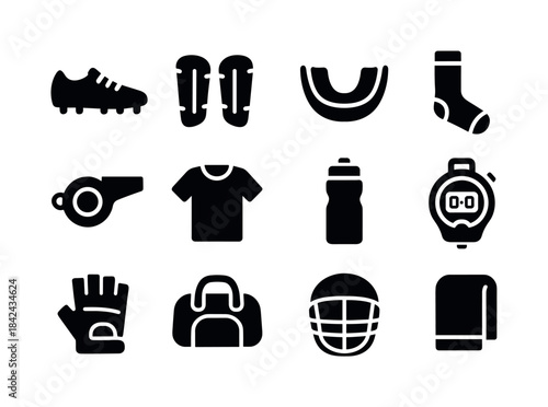 Sports Gear Icons. Sports gear. Solid icon set of Sports gear: c