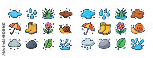Colorful collection of weather and nature icons with snail and u