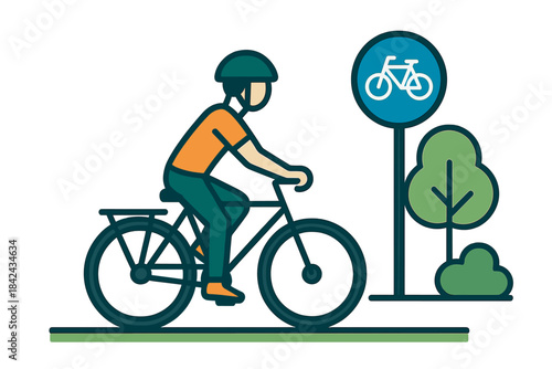 Cyclist riding a bicycle on a designated path next to a regulatory bike route sign and green trees