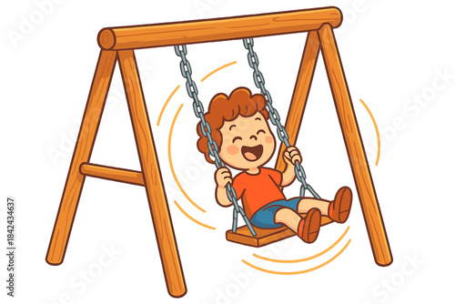 Happy young boy enjoying playtime on a wooden swing set at the park playground