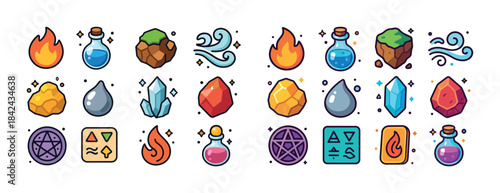 Colorful elemental icons collection with symbols of fire, water,