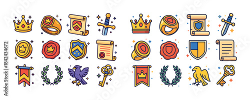 Medieval icons set with crowns, shields, and seals in vibrant co