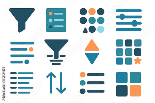 Set of user interface icons for data filtering, sorting, settings, and menu controls