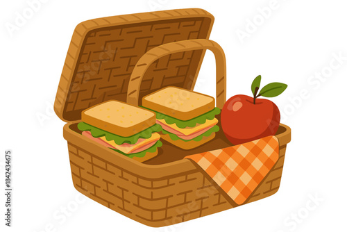 Woven picnic basket filled with sandwiches and a red ready for an outdoor lunch