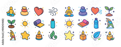 Colorful wellness and meditation icons featuring yoga, nature, a