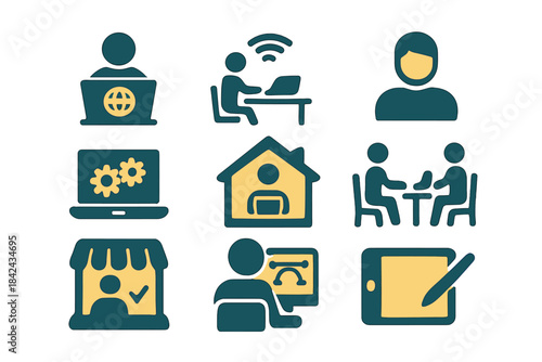 Modern business technology icon set representing remote work and digital services