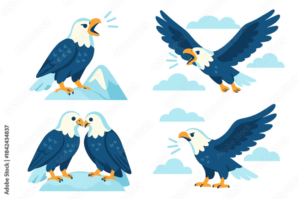 Naklejka premium Eagles perched on mountains and flying in the sky during a sunny day