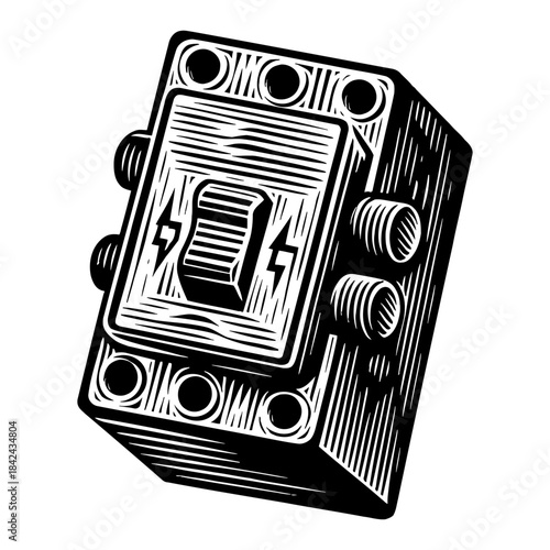 Vintage Electrical Circuit Breaker Switch In Black And White With Lightning Bolt Accents