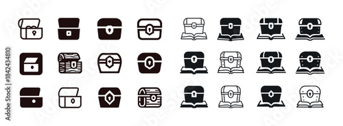 Collection of various treasure chest icons in minimalist design