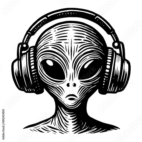 Vintage Engraved Alien Head Wearing Headphones Listening To Music Black And White Illustration