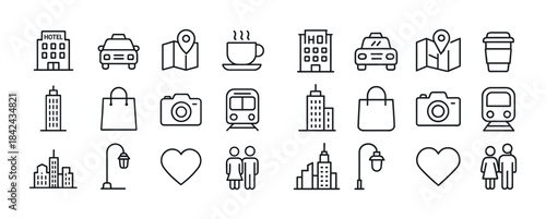 City icons set featuring transportation, buildings, and shopping