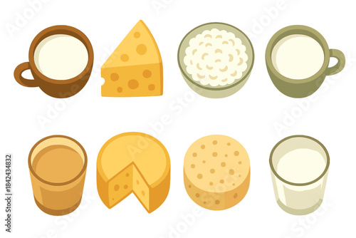 Various dairy products displayed on a clean surface including milk, cheese, and yogurt