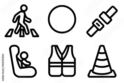 Traffic safety signs and symbols including pedestrian crossing, seat belt, traffic cone, and child safety seat