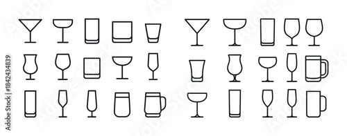 Collection of various glassware outlines: cocktail, wine, beer,
