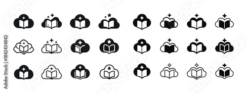 Collection of 24 book and cloud icons in various styles