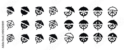 Umbrella and cocktail icons set in black and white