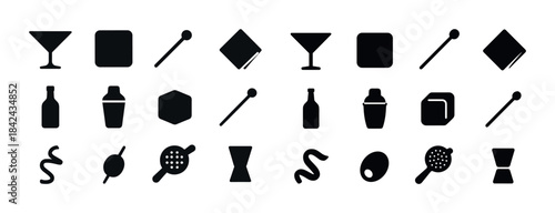 Cocktail icons set: glasses, shakers, stir sticks, strainers, ga