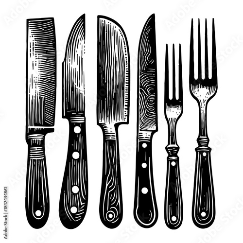Vintage Engraved Cutlery Set Featuring Knives and Forks on a White Background Detailed Vintage Illustration