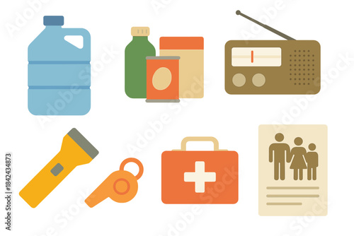 Emergency supplies and items for disaster preparedness in a home setting