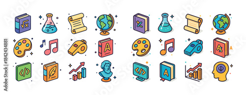 Colorful icons representing education subjects with books, globe