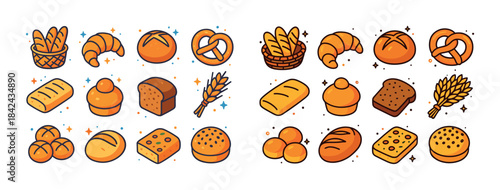 Assorted baked goods: bread, croissant, pretzel, muffin, wheat c
