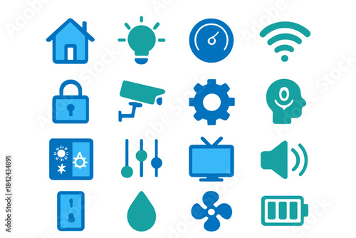 Smart home icons representing various features and controls in a modern household setting