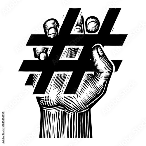 Vintage Engraved Hand Gripping Bold Black Hashtag Symbol Grunge Style Isolated