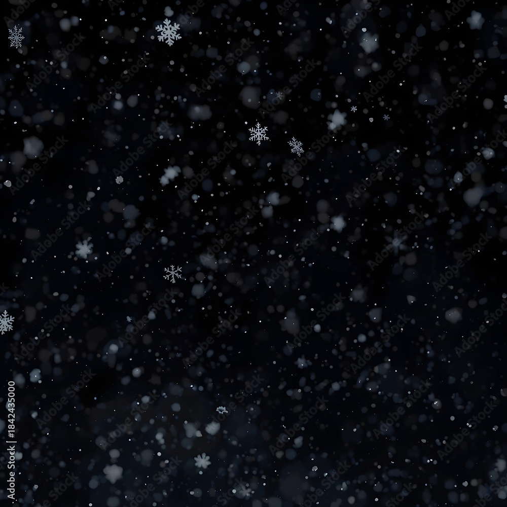 Fototapeta premium Cinematic falling snow particles over a dark background, creating a dramatic winter atmosphere. Perfect for overlays, posters, and holiday-themed visuals. 