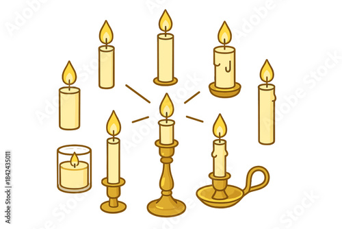 Different types of candles arranged in a decorative pattern on a white background