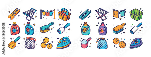 Colorful collection of laundry and cleaning supplies with clothe