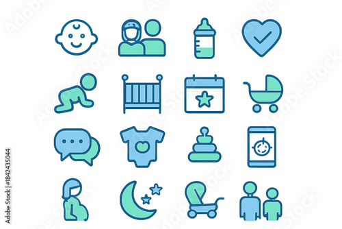 Icons representing baby care, parenting, and family activities in a colorful and modern design