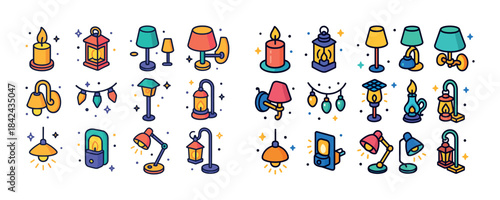 Colorful set of cartoon lamps and lanterns in vector style