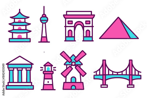 Iconic landmarks from around the world illustrated in vibrant colors showcasing various architectural styles