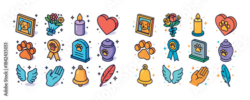 Pet memorial icons: pawprints, hearts, flowers, candles, bells,