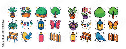 Colorful garden elements: plants, animals, and decorations in pl
