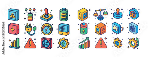 Colorful set of energy and technology icons with gadgets and sym
