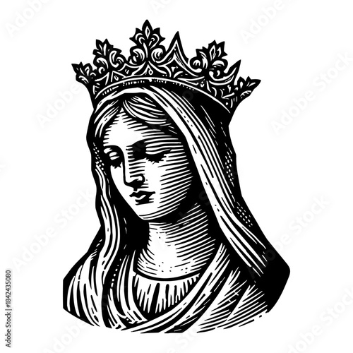 Vintage Engraving Portrait Of A Woman Wearing A Royal Crown And Veil