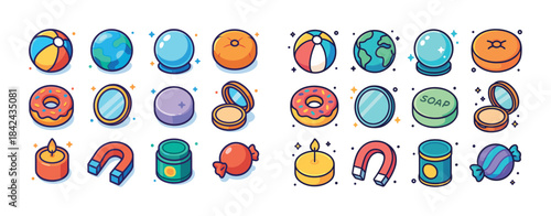 Colorful round objects collection: donuts, globes, mirrors, cand