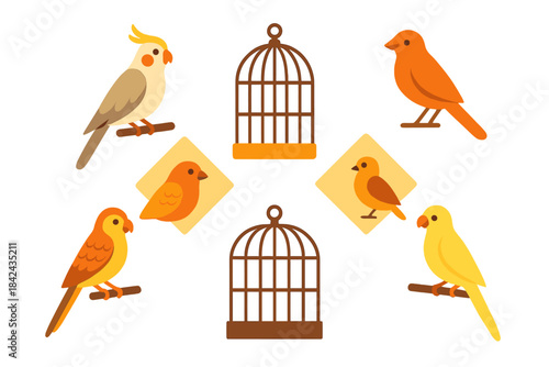 Colorful birds and empty cages arranged in a playful pattern on a light background