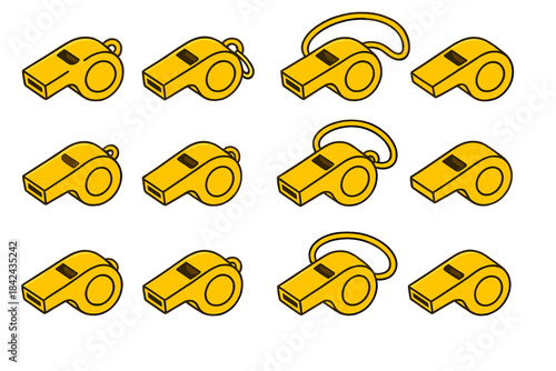 Collection of yellow whistles in various designs arranged neatly on a white background