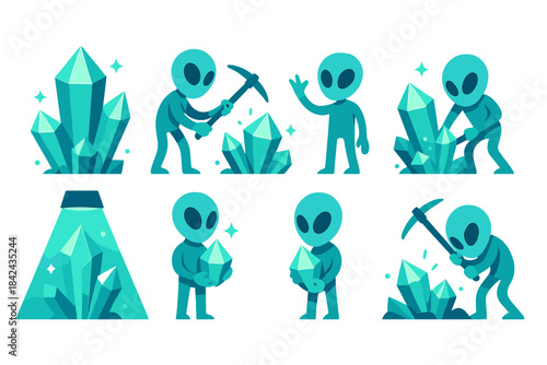 Aliens mining and collecting crystals in an animated scene in a colorful extraterrestrial setting