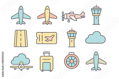 Colorful airline symbols and icons set depicting flying, airports, and travel utilities
