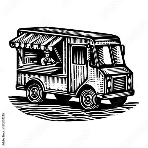 Vintage Food Truck Illustration Woodcut Style Seller Serving Food Street Vendor Monochrome