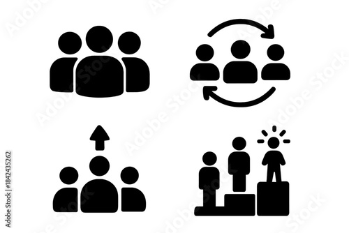 Diverse group of black icons representing teamwork, collaboration, leadership, and social interaction in a modern context