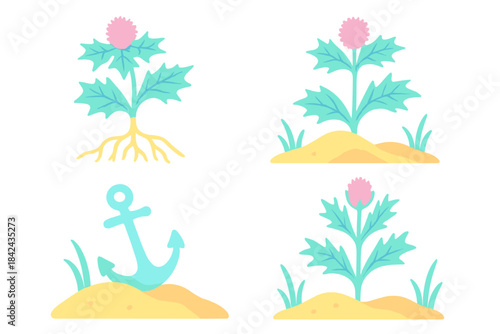Illustration of a plant's life cycle with roots, flowering stages, and an anchor symbol set against a sandy background