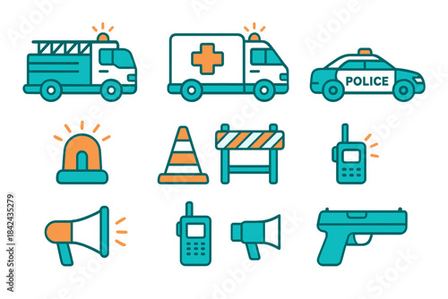 Illustration of emergency response vehicles and equipment in a colorful, flat design style suitable for safety awareness campaigns