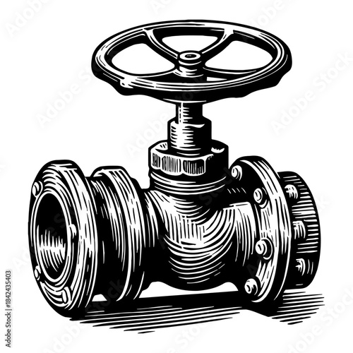 Vintage Industrial Valve With Handwheel And Flanges Detailed Black And White Illustration
